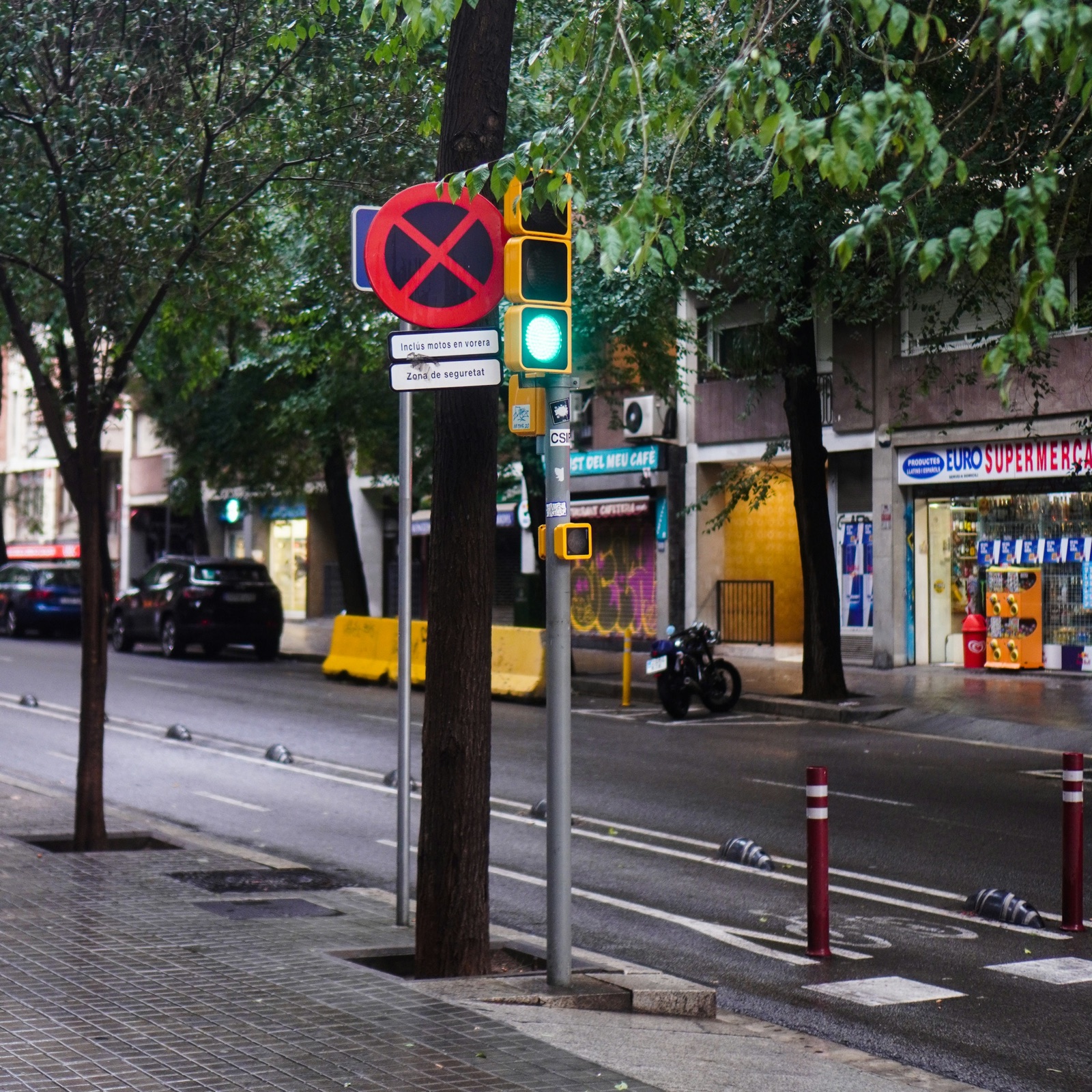 Reflections and street lights on a rainy evening in Barcelona