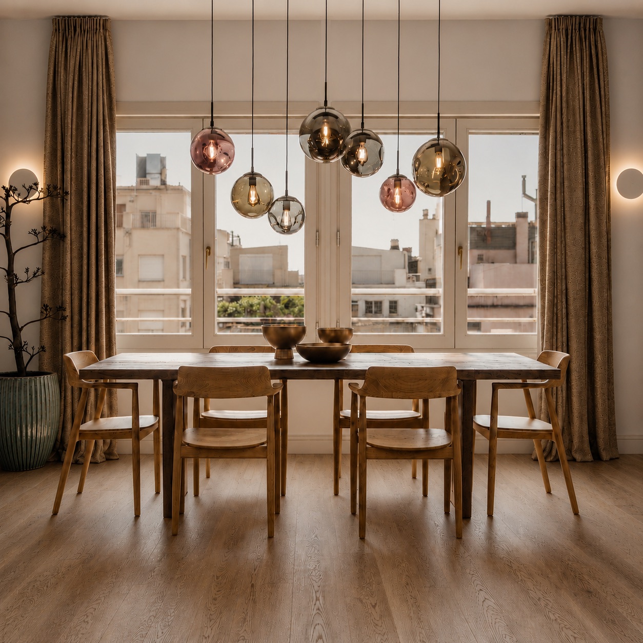 PDG15 apartment dining room with a long wooden table and Eixample rooftops through the window