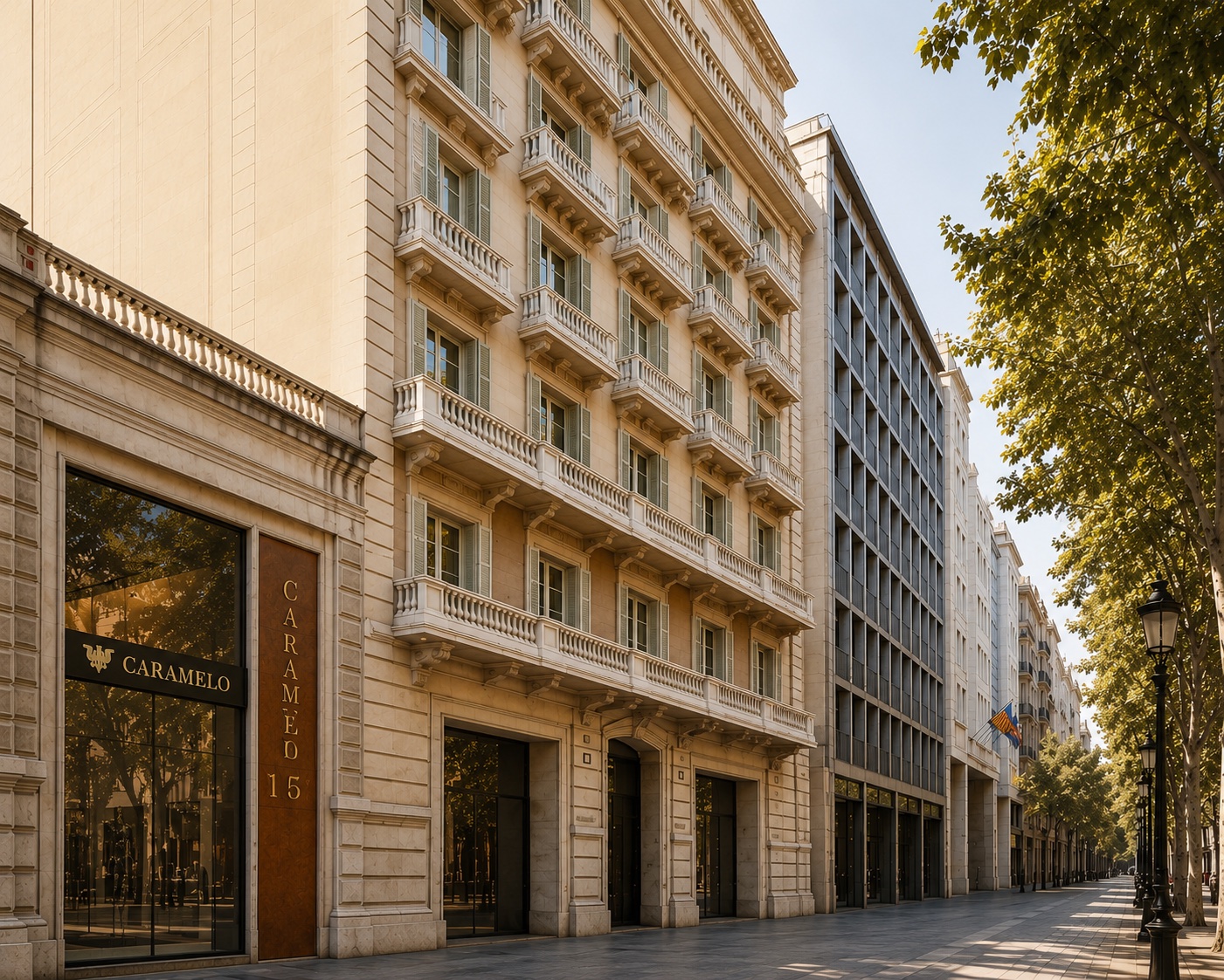 PDG15 façade and balconies along Passeig de Gràcia in late-afternoon light